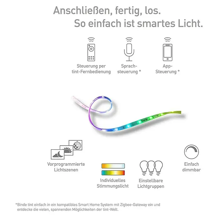 Müller-Licht Tint Smart-LED-Band - Länge: 3 m, RGBW, 18 W, 1.000 lm - Smarter Lichtstreifen mit verschiedenen Steuerungsmöglichkeiten und vorprogrammierten Lichtszenen für individuelle Lichtstimmungen.