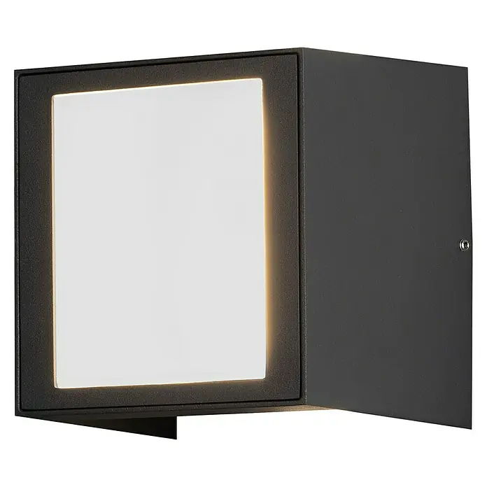 Konstsmide LED-Außenwandleuchte - 8 W, 8 x 16,5 x 11,5 cm, Weiß, IP54 - Nahaufnahme einer quadratischen, modernen Wandleuchte mit weißer, leuchtender Fläche und schwarzem Rahmen.