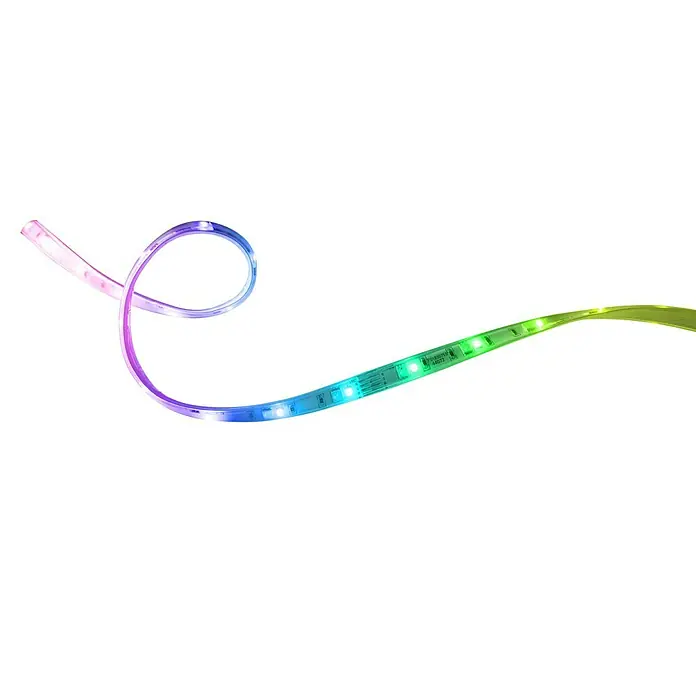 Müller-Licht Tint Smart-LED-Band - Länge: 3 m, RGBW, 18 W, 1.000 lm - Flexibler mehrfarbiger LED-Lichtstreifen, leuchtend in Lila, Blau und Grün, wellenförmig angeordnet.