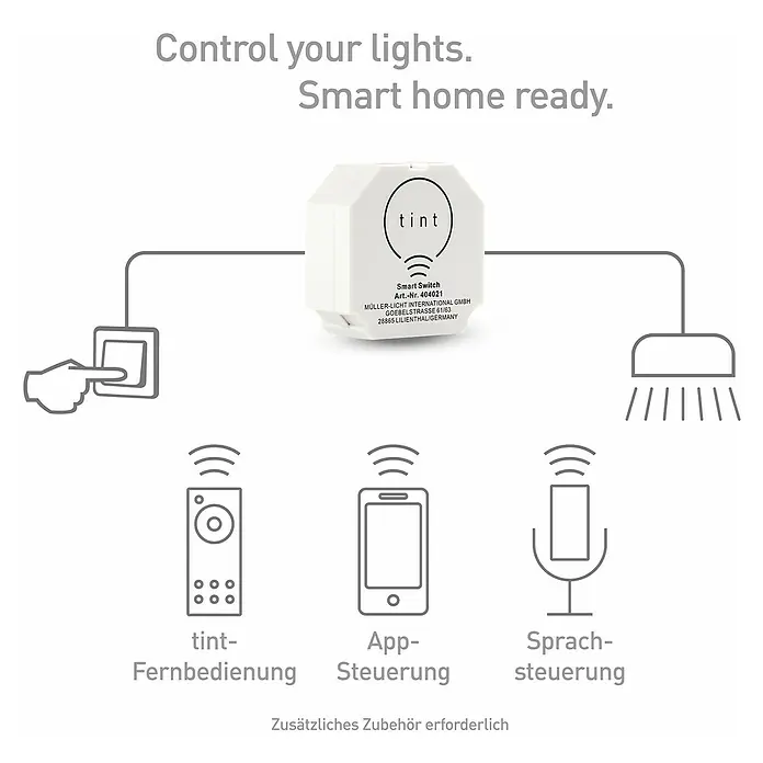 Müller-Licht Tint Funkschalter Smart Switch - 200 W - Abbildung eines smarten Tint-Schalters, der mit Fernbedienung, App oder Sprache gesteuert werden kann und intelligente Beleuchtung ermöglicht.