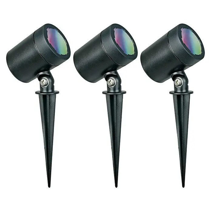 Müller-Licht Tint LED-Gartenspot-Set Flores - 13 W, Schwarz, RGBW, Höhe: 19,5 cm - Drei schwarze LED-Gartenstrahler mit Erdspieß für stimmungsvolle Beleuchtung im Außenbereich. Ideal für Garten, Terrasse oder Balkon.