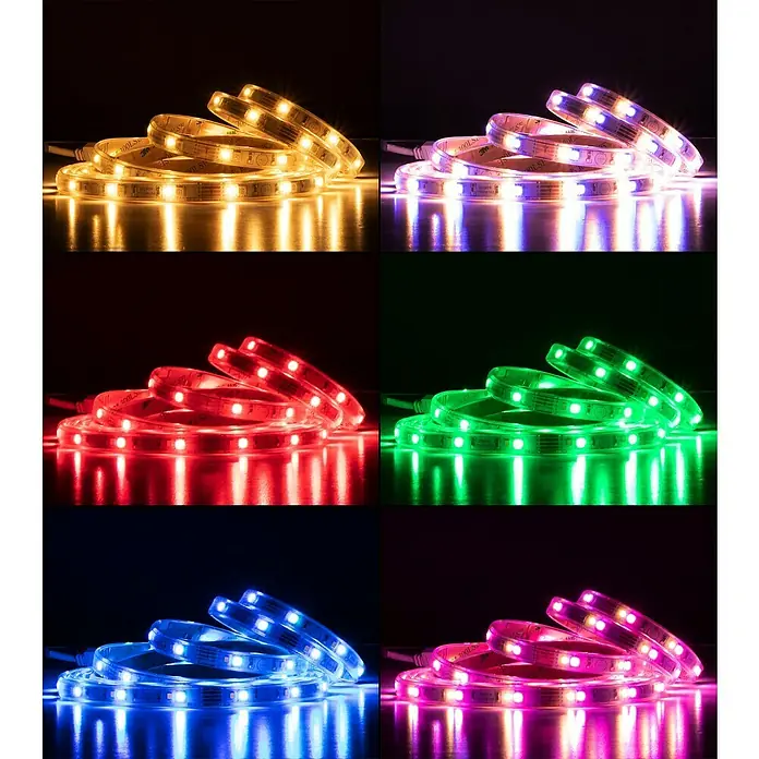 Müller-Licht Tint Smart-LED-Band - Länge: 3 m, RGBW, 18 W, 1.000 lm - Sechs LED-Streifen in verschiedenen Farben, darunter Gelb, Lila, Rot, Grün, Blau und Pink, die eine stimmungsvolle Beleuchtung erzeugen.