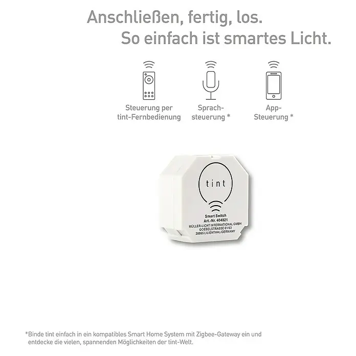 Müller-Licht Tint Funkschalter Smart Switch - 200 W - Intelligenter tint-Schalter für die Steuerung per Fernbedienung, Sprache oder App. Einfache Installation und vielfältige Einsatzmöglichkeiten.