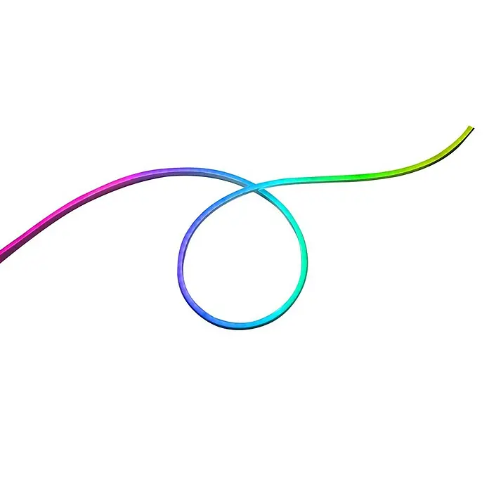 Müller-Licht Tint Smart-LED-Band Outdoor - Weiß, 5 m, RGBW - Bunte LED-Leuchte in Form einer geschwungenen Linie mit Farbverlauf von Pink über Blau zu Grün, ideal für moderne Raumgestaltung.