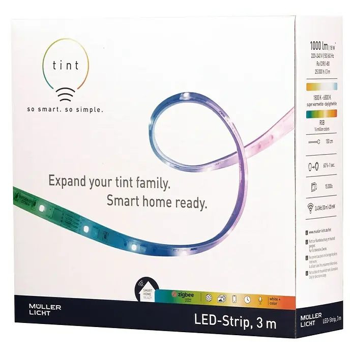 Müller-Licht Tint Smart-LED-Band - Länge: 3 m, RGBW, 18 W, 1.000 lm - Produktverpackung einer Müller Licht tint LED-Lichterkette, 3 Meter lang, mit Smart-Home-Funktion für dekorative Zwecke.
