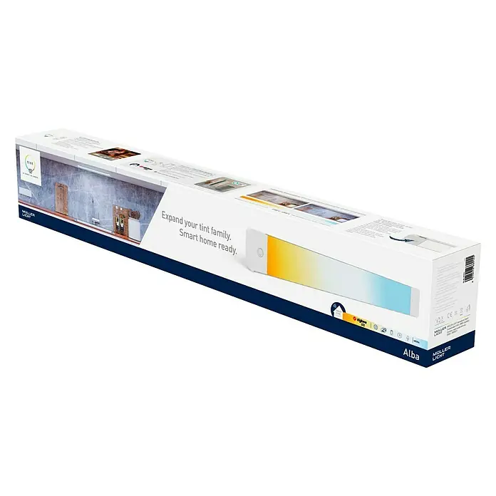 Müller-Licht Tint LED-Unterbauleuchte Alba - 14 W, Weiß, L x B x H: 50 x 6 x 1 cm, Einstellbare Farbtemperatur - Verpackung der Müller-Licht Alba LED-Leuchte. Intelligente Beleuchtung für Ihr Zuhause, erweiterbar mit der Tint-Familie.