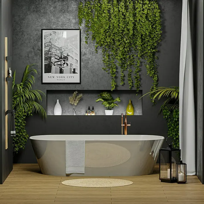 Camargue Freistehende Badewanne Torino - L x B: 170 x 80 cm, Sanitäracryl, Kieselgrau/Weiß - Elegantes Badezimmer mit freistehender Badewanne, stilvollen Pflanzen und dekorativer Wandkunst, die eine entspannende Atmosphäre schaffen.