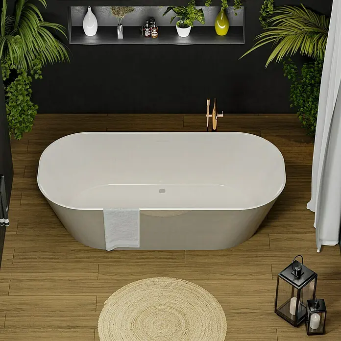 Camargue Freistehende Badewanne Torino - L x B: 170 x 80 cm, Sanitäracryl, Kieselgrau/Weiß - Elegante freistehende Badewanne im modernen Badezimmerdesign. Die Badewanne ist ein Blickfang, umgeben von Pflanzen und stilvoller Dekoration.