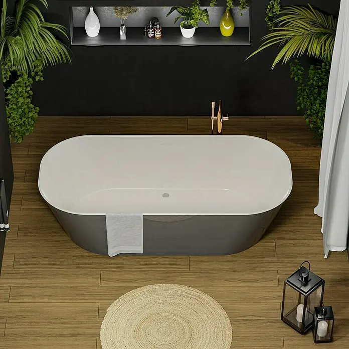 Camargue Freistehende Badewanne Torino - L x B: 170 x 80 cm, Sanitäracryl, Platingrau/Weiß - Elegantes Badezimmer mit freistehender Badewanne. Das graue Äußere harmoniert wunderbar mit dem hellen Interieur und sorgt für Entspannung.