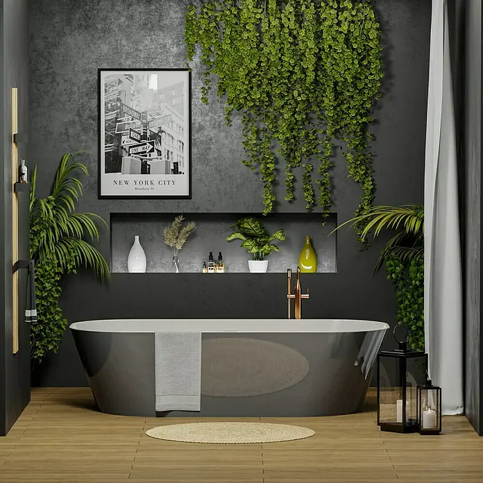 Camargue Freistehende Badewanne Torino - L x B: 170 x 80 cm, Sanitäracryl, Platingrau/Weiß - Elegantes Badezimmer mit freistehender Badewanne, grünen Pflanzen und einem stilvollen New York City-Poster für eine entspannende Atmosphäre.