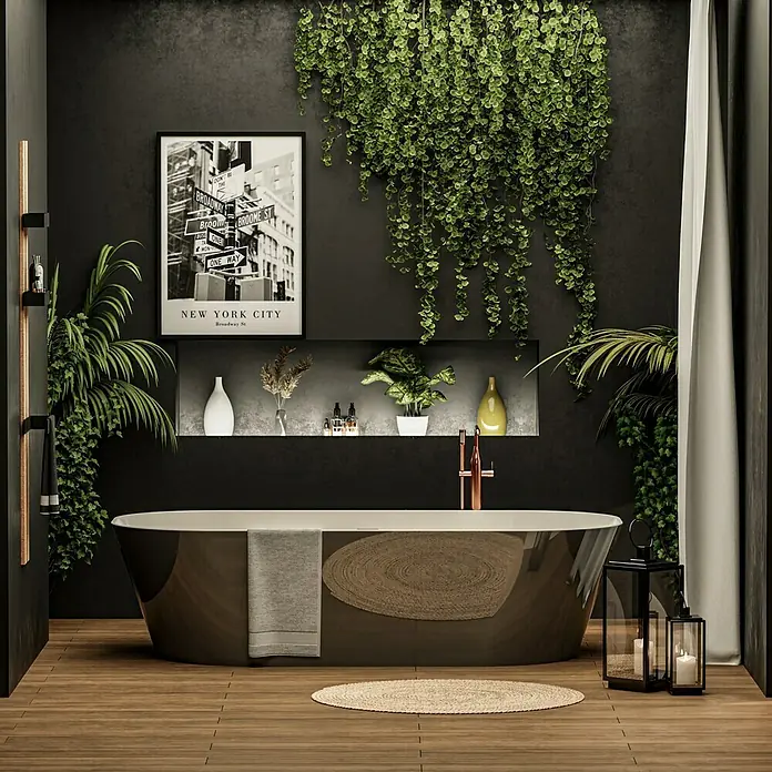 Camargue Freistehende Badewanne Torino - L x B: 170 x 80 cm, Sanitäracryl, Aluminium/Weiß - Elegantes Badezimmer mit freistehender Badewanne in Dunkelbraun, ergänzt durch grüne Pflanzen, die eine entspannende Atmosphäre schaffen.