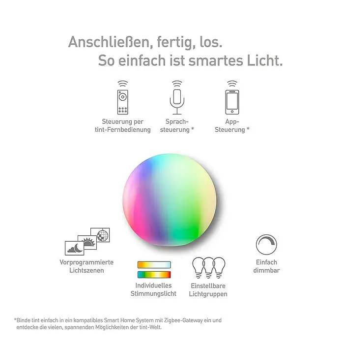 Müller-Licht Tint LED-Kugel Calluna - E27, 9,6 W, 806 lm - Intelligente tint Lichtsteuerung: Steuerung per Fernbedienung, App oder Sprache. Voreingestellte Szenen, individuell einstellbar und einfach dimmbar.