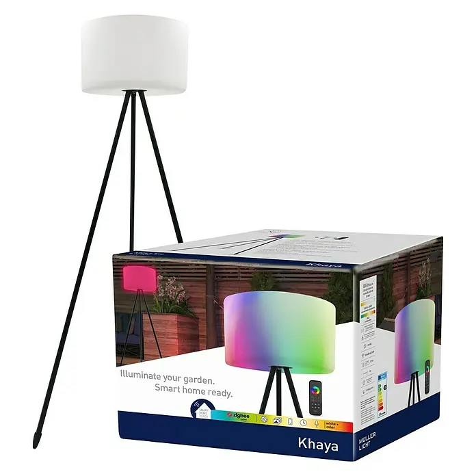 Müller-Licht Tint LED-Stehleuchte Khaya - Höhe: 143 cm, RGBW - Bild einer Khaya Tripod-Gartenleuchte und der dazugehörigen Verpackung, die das smarte Home-Design hervorhebt.
