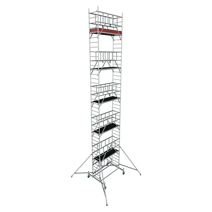 Krause ProTec XS Klappgerüst - Arbeitshöhe: 11,8 m, Belastbarkeit Plattform: 240 kg - Aufnahme eines hohen Gerüsts aus Aluminium mit mehreren Ebenen und stabilen Stützen für Bau- oder Reparaturarbeiten.