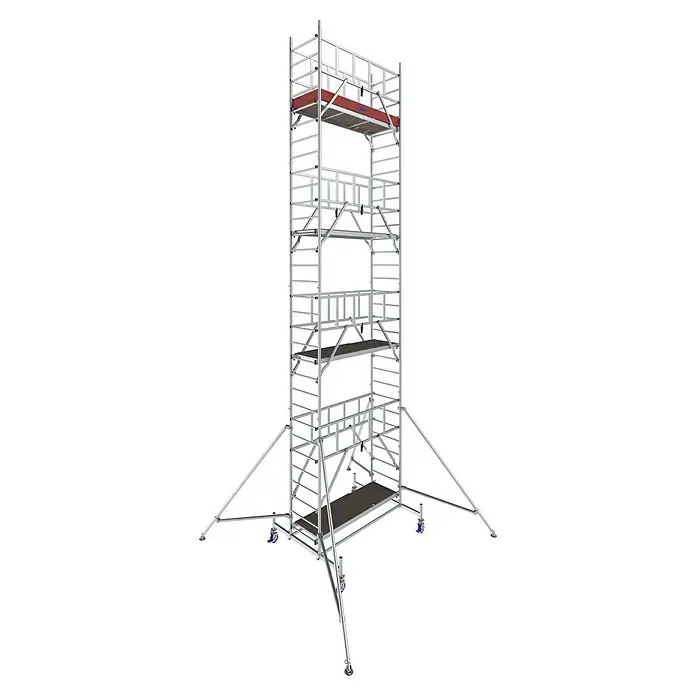 Krause ProTec Rollgerüst - Arbeitshöhe: 9,3 m, Belastbarkeit Plattform: 240 kg - Eine hoch aufragende Rollrüstung mit mehreren Plattformen, ideal für Bau- und Wartungsarbeiten.