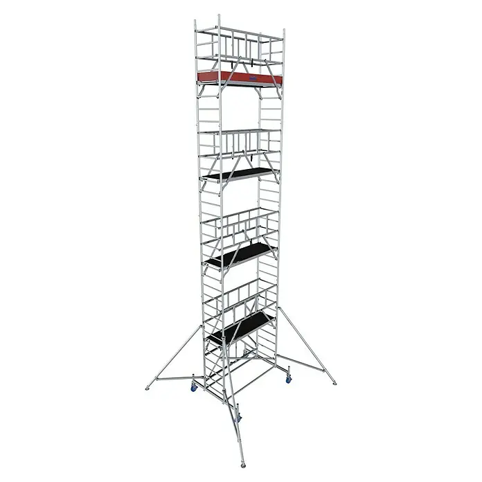 Krause ProTec XS Klappgerüst - Arbeitshöhe: 9,8 m, Belastbarkeit Plattform: 240 kg - Ansicht eines hohen Aluminium-Rollgerüsts. Ideal für Bauprojekte, bietet Sicherheit und Flexibilität in der Höhe.