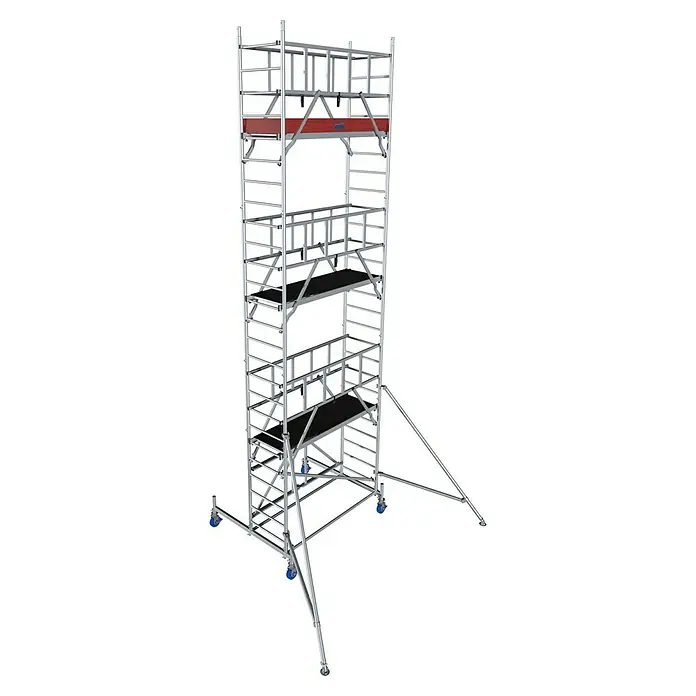 Krause ProTec XS Klappgerüst - Arbeitshöhe: 7,8 m, Belastbarkeit Plattform: 240 kg - Ein detailreiches Bild eines Rollgerüsts mit mehreren Ebenen und Stabilisatoren für sicheres Arbeiten in der Höhe.