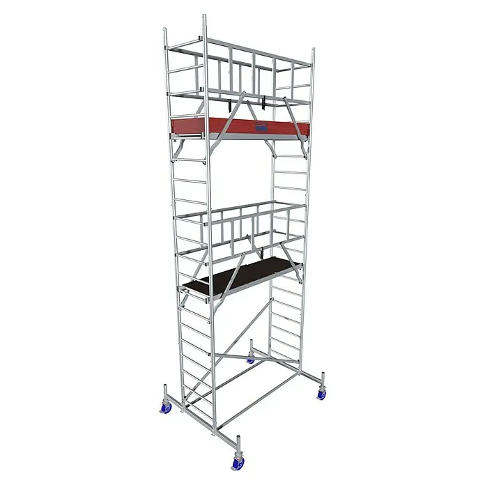 Krause ProTec Rollgerüst - Arbeitshöhe: 6,3 m, Belastbarkeit Plattform: 240 kg - Ein hoher, fahrbarer Gerüstturm aus Aluminium mit zwei Plattformen für Bau- oder Renovierungsarbeiten. Er ist mit blauen Rollen für Mobilität ausgestattet.
