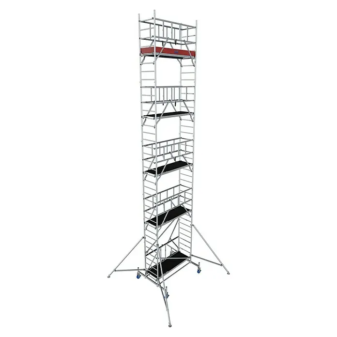 Krause ProTec XS KlappgerüstArbeitshöhe: 10,8 m, Bühnengröße: 2 x 0,6 m, Belastbarkeit: 200 kg/m² - Ein hoch aufragendes, rollbares Gerüst, ideal für Bau- und Wartungsarbeiten in großer Höhe, bietet sichere und flexible Arbeitsbereiche.