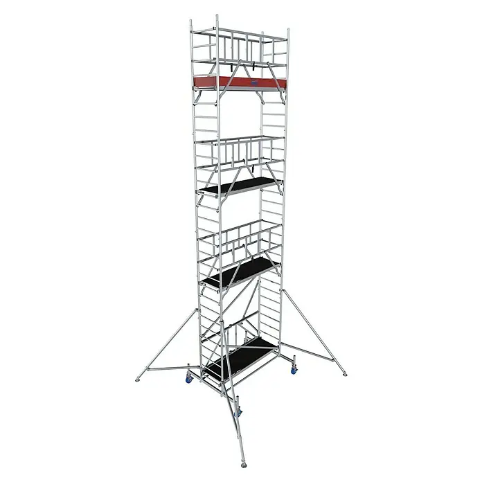 Krause ProTec XS Klappgerüst - Arbeitshöhe: 8,8 m, Belastbarkeit Plattform: 240 kg - Eine hohe, silberne Gerüstkonstruktion mit mehreren Plattformen und stabilisierenden Auslegern mit Rollen. Ideal für Bau- und Renovierungsarbeiten in der Höhe.