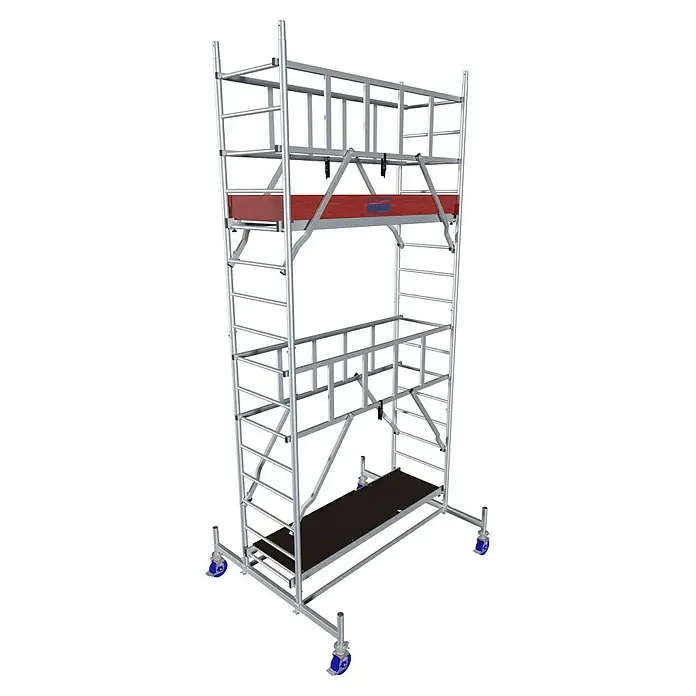 Krause ProTec Rollgerüst - Arbeitshöhe: 5,3 m, Belastbarkeit Plattform: 240 kg - Ein Gerüst mit mehreren Ebenen und Rädern an der Basis, ideal für Bau- und Wartungsarbeiten in verschiedenen Höhen.