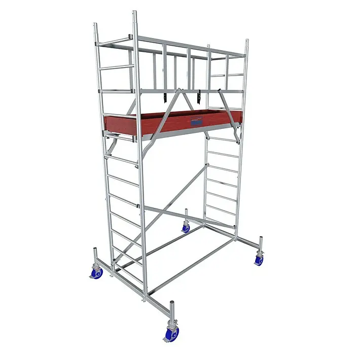 Krause ProTec Rollgerüst - Arbeitshöhe: 4,3 m, Belastbarkeit Plattform: 240 kg - Ein rollbares Gerüst mit roter Plattform, das sich ideal für Bau- und Wartungsarbeiten eignet. Seine Mobilität macht es besonders praktisch.