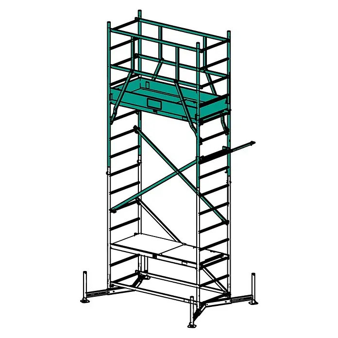 Krause ClimTec Aufstockelement 1. Aufstockung - Arbeitshöhe: 5 m - Illustration eines Rollgerüsts in Grün auf schwarzem Hintergrund, das für Bauarbeiten konzipiert wurde und eine sichere Arbeitsplattform bietet.