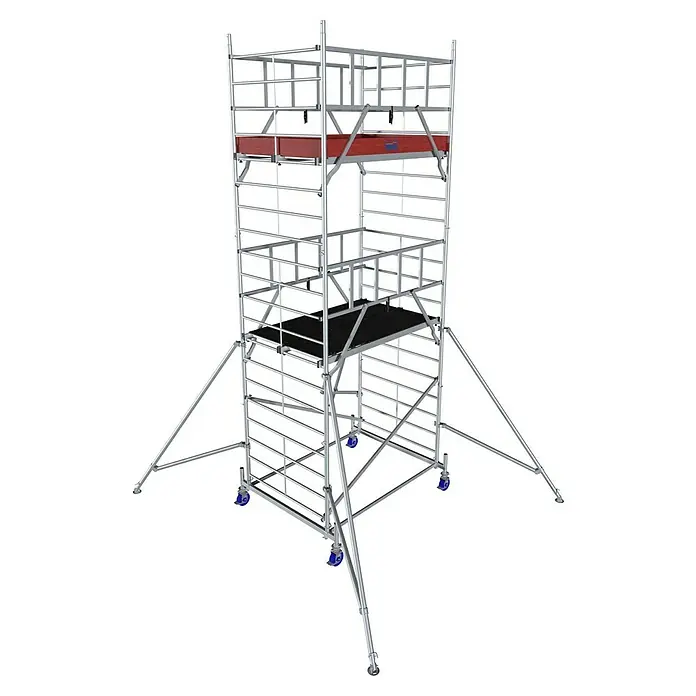Krause ProTec XXL Rollgerüst Breitaufbau - Arbeitshöhe: 6,3 m, Belastbarkeit Plattform: 480 kg - Ein hoher, fahrbarer Gerüstturm mit blauen Rädern, bestehend aus Stahlrohrrahmen und Plattformen für sicheres Arbeiten in der Höhe.