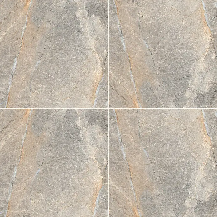 Feinsteinzeugfliese Etienne - 60 x 60 cm, Grau, Glänzend - Detailaufnahme von vier Marmorfliesen in Erd- und Grautönen, die ein elegantes Muster bilden. Ideal für moderne Innenräume.