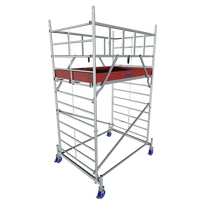 Krause ProTec XXL Rollgerüst Breitaufbau - Arbeitshöhe: 4,3 m, Belastbarkeit Plattform: 480 kg - Abbildung eines fahrbaren Gerüsts mit roter Plattform. Ideal für Bau- und Reparaturarbeiten in großer Höhe.