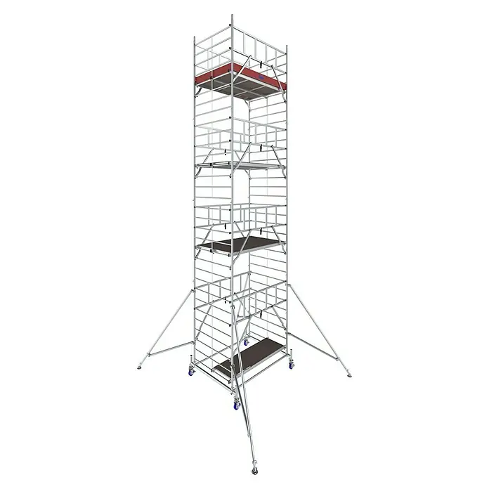 Krause ProTec XXL Rollgerüst BreitaufbauArbeitshöhe: 9,3 m, Bühnengröße: 2 x 1,2 m, Belastbarkeit: 200 kg/m² - Ein hohes, rollbares Baugerüst mit mehreren Ebenen und Auslegern zur Stabilisierung. Ideal für Arbeiten in der Höhe.