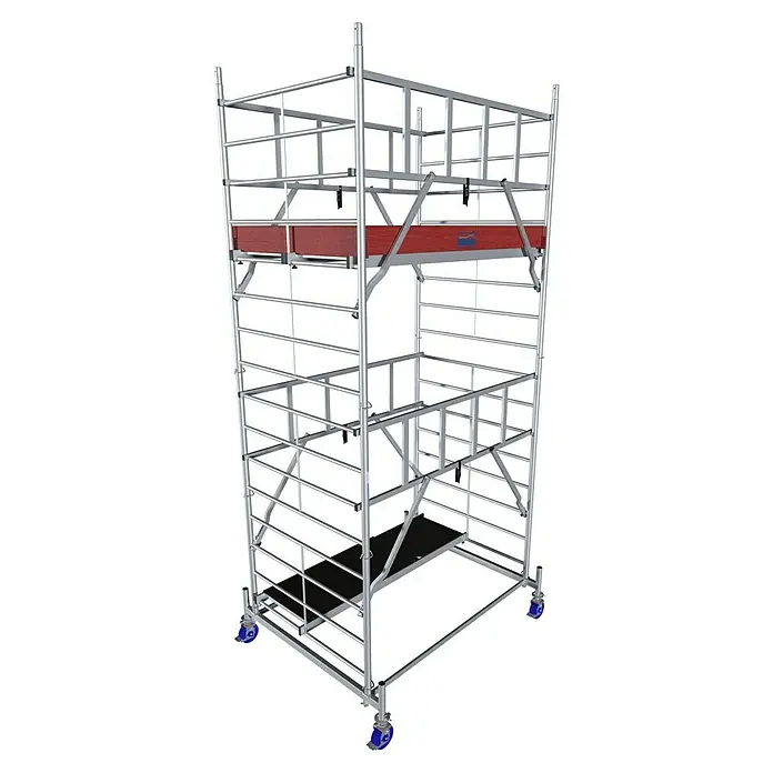 Krause ProTec XXL Rollgerüst BreitaufbauArbeitshöhe: 5,3 m, Bühnengröße: 2 x 1,2 m, Belastbarkeit: 200 kg/m² - Das Bild zeigt ein modulares Baugerüst mit mehreren Ebenen, Rädern und roter Plattform, ideal für Bau- und Renovierungsarbeiten.