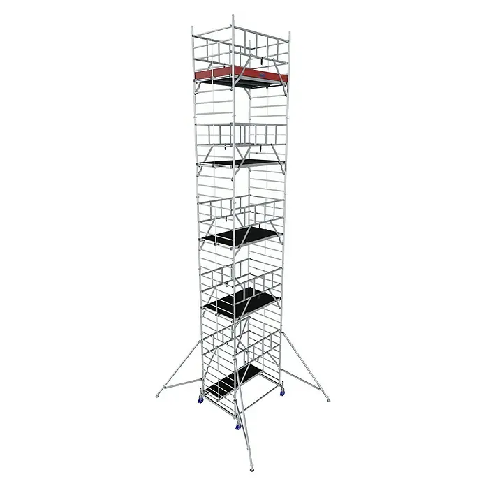 Krause ProTec XXL Rollgerüst BreitaufbauArbeitshöhe: 11,3 m, Bühnengröße: 2 x 1,2 m, Belastbarkeit: 200 kg/m² - Mobiles Gerüst mit mehreren Ebenen und Rollen für den flexiblen Einsatz auf Baustellen oder bei Wartungsarbeiten. Optimale Höhe und Sicherheit.