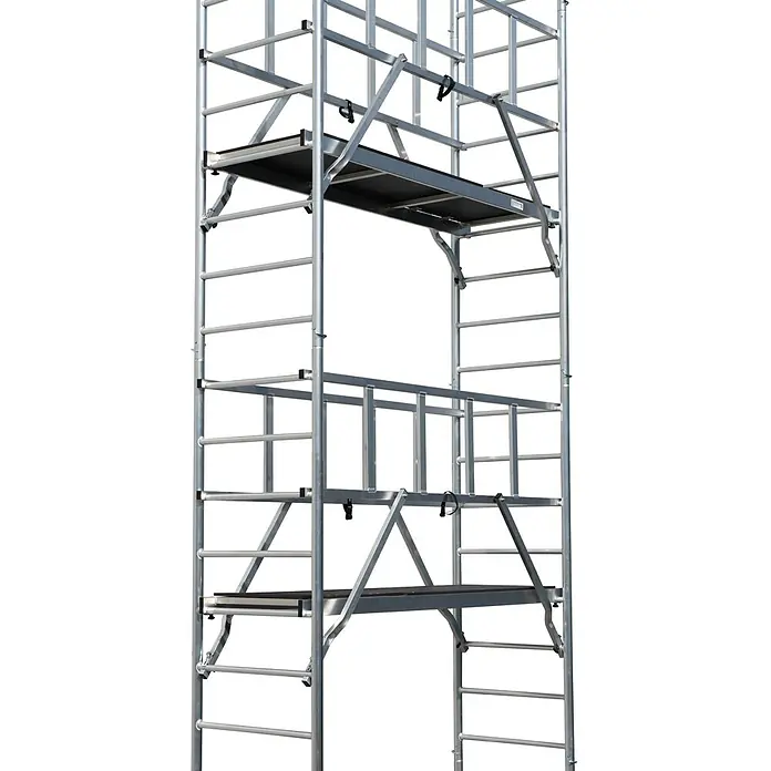 Krause ProTec RollgerüstArbeitshöhe: 11,3 m, Bühnengröße: 2 x 0,6 m, Belastbarkeit: 200 kg/m² - Gerüstturm aus Aluminium mit zwei Arbeitsplattformen. Ideal für Bau-, Reparatur- und Wartungsarbeiten in der Höhe.