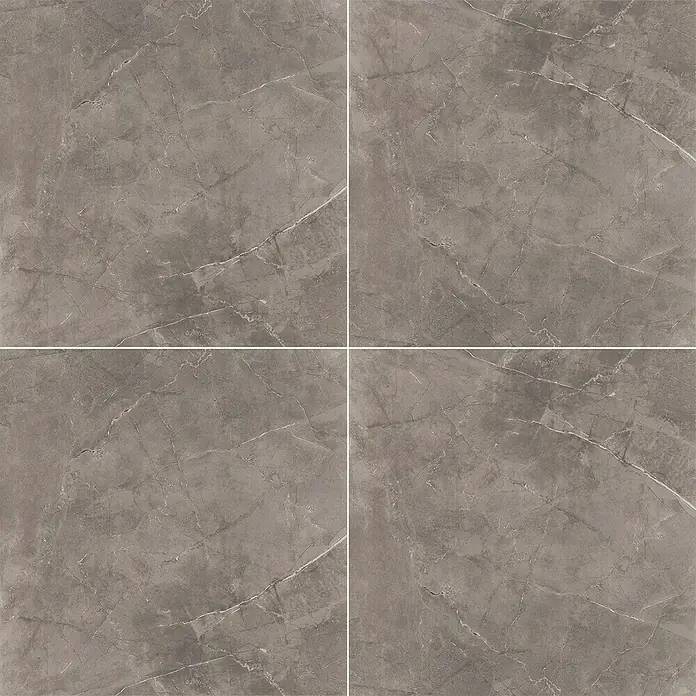 Feinsteinzeugfliese Premium Marble - 80 x 80 cm, Grau, Glänzend - Nahaufnahme von vier grauen Marmorfliesen mit zarten weißen Adern, die eine elegante und moderne Bodenfläche bilden.