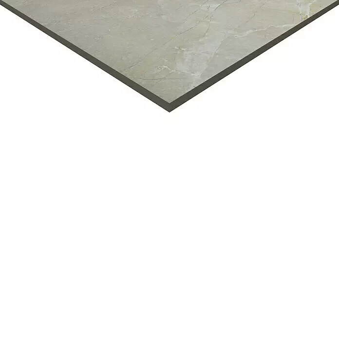 Feinsteinzeugfliese Premium Marble - 60 x 60 cm, Ivory, Glänzend - Helle beige Fliese in Marmoroptik mit sichtbarer dunkelgrauer Kante.