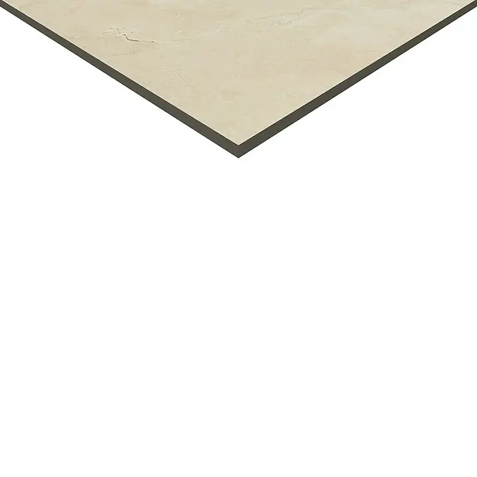 Feinsteinzeugfliese Premium Marble - 80 x 80 cm, Beige, Glänzend - Nahaufnahme einer beigen Fliese mit dunklem Rand, ideal für moderne Boden- oder Wandgestaltung im Innenbereich.