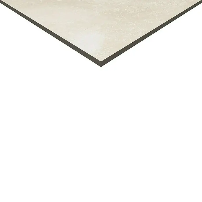 Feinsteinzeugfliese Geo Crema - 60 x 60 cm, Crema, Schimmernd - Nahaufnahme einer quadratischen, cremefarbenen Bodenfliese mit dunklem Rand, die eine elegante Textur und hochwertige Verarbeitung zeigt.