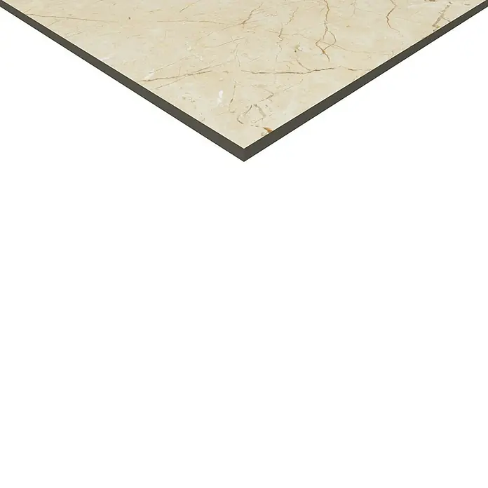 Feinsteinzeugfliese Mercury - 80 x 80 cm, Crema, Glänzend - Elegante Marmorfliese mit braunem Rand, ideal für stilvolle Innenräume. Die Textur verleiht jedem Raum Wärme und einen edlen Touch.