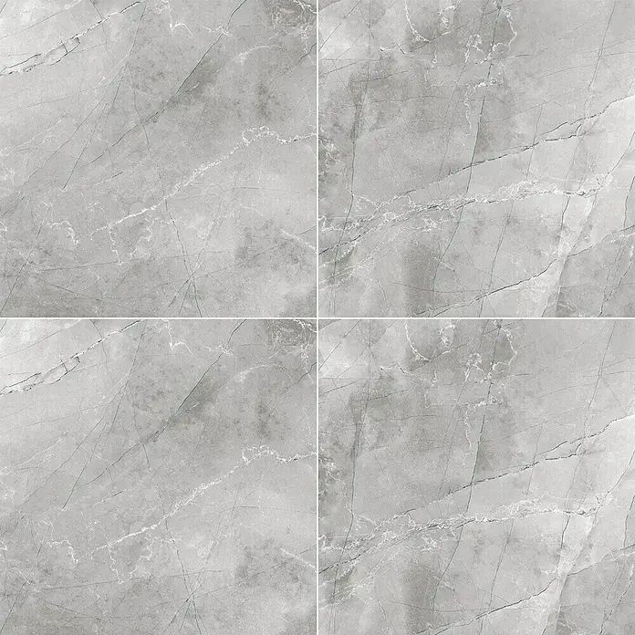 Feinsteinzeugfliese Pulpis - 60 x 60 cm, Grau, Glänzend - Graue Marmorfliesen mit subtilen Adern in einem Quadratmuster, ideal für moderne Bodenbeläge und Wandgestaltungen. Elegantes Design für stilvolle Räume.