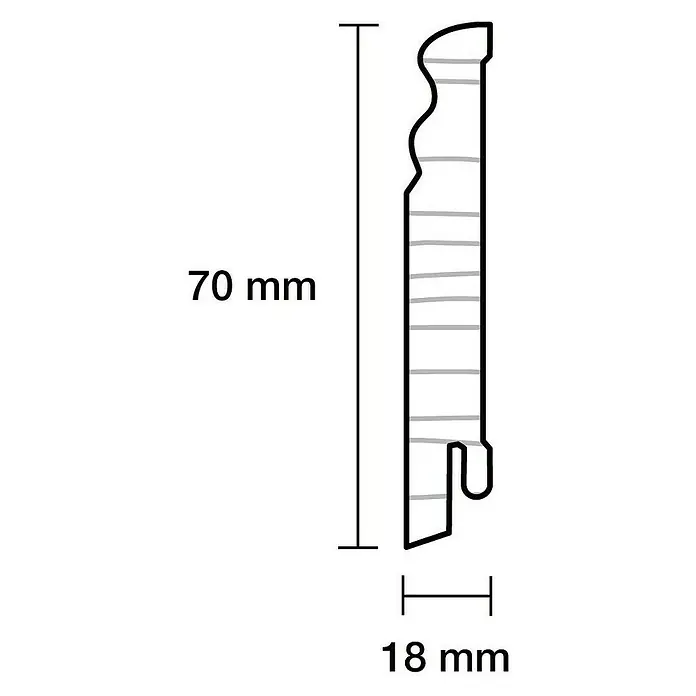 Sockelleiste Massiv - 240 x 1,8 x 7 cm, Kiefer, Profiliert, Lackiert - Abbildung eines Zierprofils mit den Maßen 70 mm Höhe und 18 mm Tiefe, ideal für Innenausbau und dekorative Zwecke.