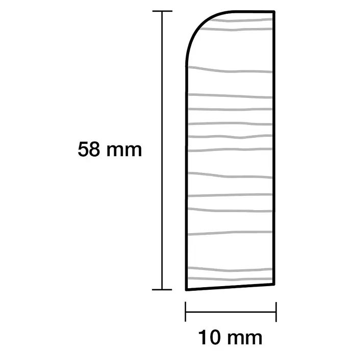 Profiles and more Sockelleiste - 240 x 1 x 5,8 cm, Fichte - Illustration eines 58 mm x 10 mm großen Holzstücks mit abgerundeter Oberseite und Maserung, ideal für Bau- oder Bastelprojekte.