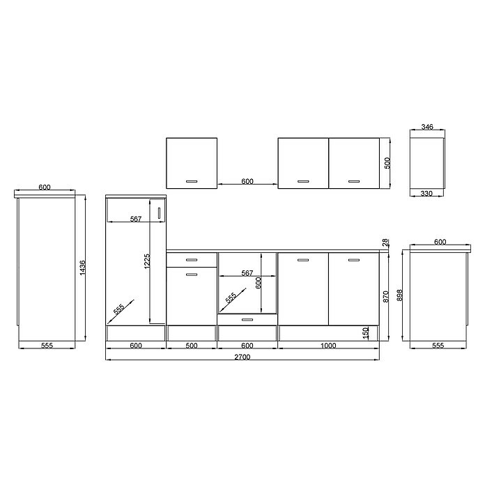 Respekta Küchenzeile KB270ENWPCBreite: 270 cm, Rahmenloses Glaskeramikkochfeld, Mit Elektrogeräten, Weiß Sketch