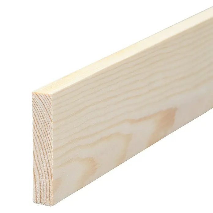 Rechteckleiste - 210 x 1 x 6 cm, Kiefer - Nahaufnahme eines hellen, unbehandelten Holzbretts mit deutlicher Maserung, ideal für Bau- und Bastelprojekte.