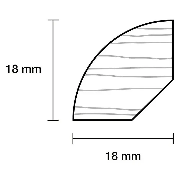 Profiles and more Viertelstab - 240 x 1,8 x 1,8 cm, Kiefer - Abbildung eines Viertelkreises mit den Maßen 18 x 18 mm, der als Profil für verschiedene Anwendungen wie z.B. Fußleisten dienen kann.