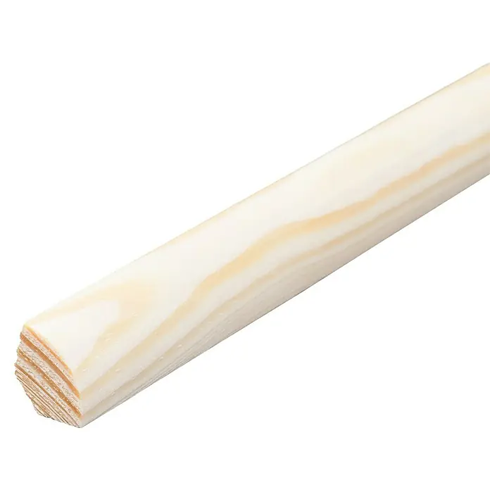 Viertelstab - 90 cm x 14 mm x 14 mm, Kiefer - Nahaufnahme eines hellen Holzstabes mit sichtbarer Maserung und Schnittkanten, ideal für Bastelprojekte oder Modellbau.