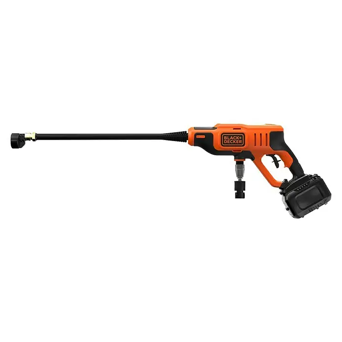 Black+Decker Akku-Druckreiniger BCPC18B - 18 V, Ohne Akku, 120 l/h - Abbildung einer Black+Decker Akku-Druckreinigers, ideal für Reinigungsarbeiten rund ums Haus. Das Gerät ist orange-schwarz und hat eine lange Düse.
