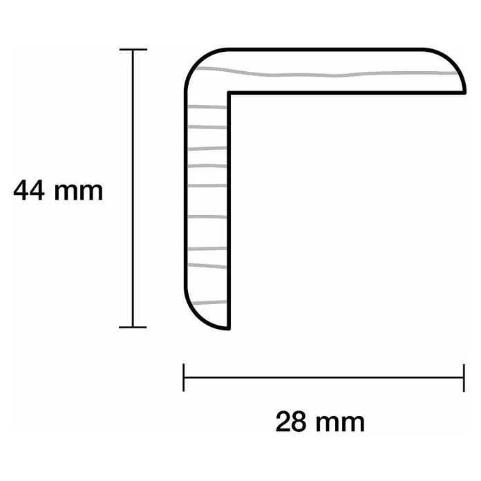 Profiles and more Winkelleiste - 240 x 4,4 x 2,8 cm, Kiefer - Abbildung eines L-förmigen Profils mit den Maßen 44 mm Höhe und 28 mm Breite, ideal für verschiedene Bau- und Dekorationsprojekte.