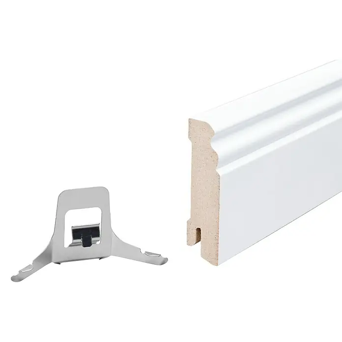 Sockelleiste - 244 x 1,8 x 8 cm, MDF, Profiliert - Weiße Fußleiste und Befestigungsclip. Ideal für die Installation von Bodenleisten im Haus. Praktisches Zubehör für Renovierungsarbeiten.