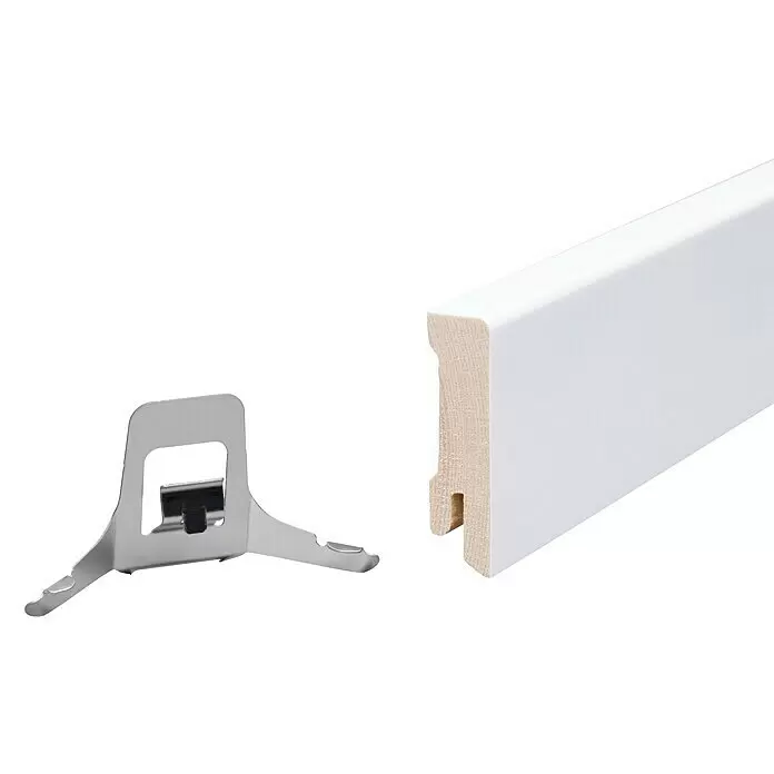 Sockelleiste - 240 cm x 16 mm x 58 mm, Fichte, Weiß, Lackiert - Weiße Sockelleiste mit Montageclip für unsichtbare Befestigung.
